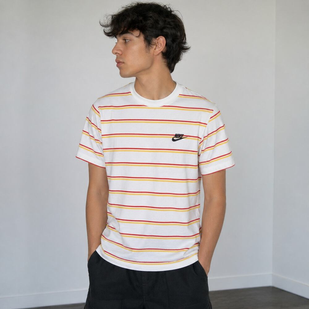 Nike Striped T Shirt Small White Red Yellow Bright Embroidered Swoosh Casual Tee
